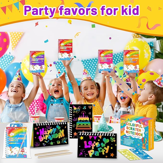 Party Favors for Kids: 16 Pack Scratch Art Notebooks with Rainbow Colors, 2-in-1 Coloring & Scratch Books, Bulk Birthday Gifts, Goodie Bags, Classroom Prizes for Boys & Girls