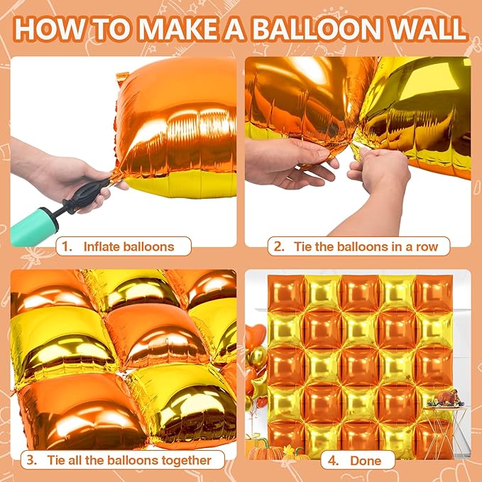 NISOCY 25PCS Orange Gold Square Foil Balloons Wall Backdrop Metallic Autumn Fall Balloons Tunnel Arch Kit for Thanksgiving Friendsgiving Birthday Halloween Baby Shower Fall Color Party Decorations