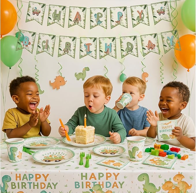 Dinosaur Birthday Party Supplies Kit – 88 PCS Dino Party Decorations for 16 Guests, Includes Plates, Cups, Napkins, Banner, Cutlery, Tablecloth, Hanging Swirls – Jurassic Dino Theme for Boys & Girls