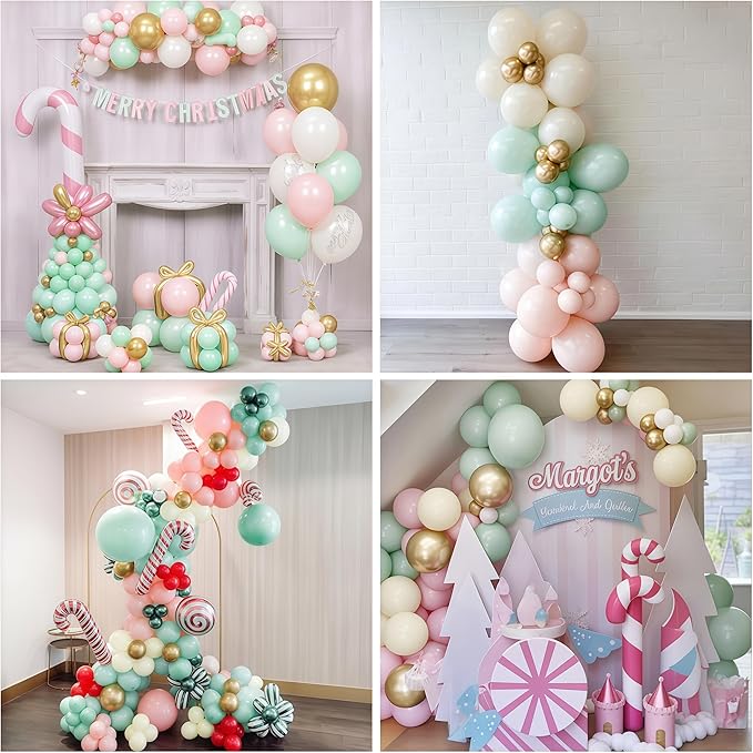Pink and Green Balloons Pastel Green Pink White Sand Gold Metallic Balloons Nut Sugar Fairy Theme Balloon Set for Winter Wonderland Snow Ice Spring Birthday Christmas Baby Shower Party Decorations