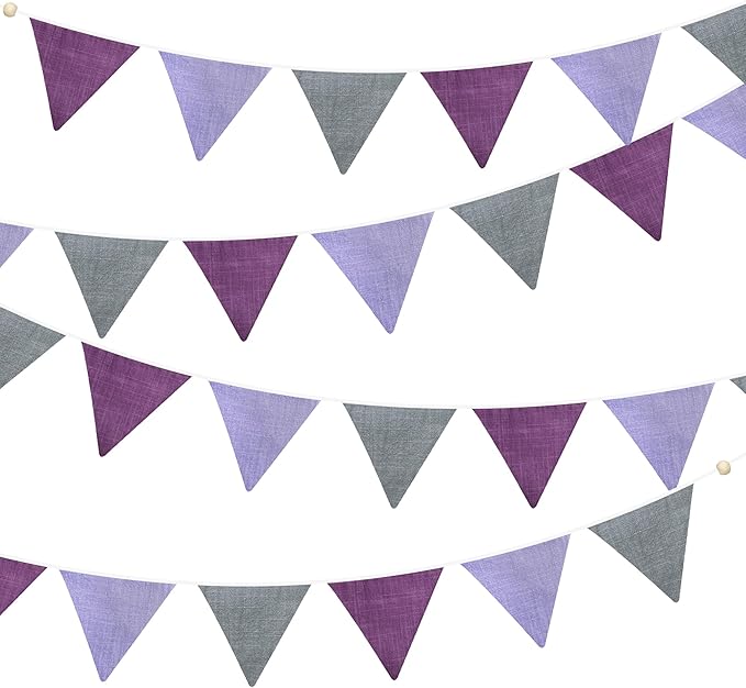 2 Sets of Purple Grey Nursery Garland 24Pcs Grey Purple Fabric Linen Pennant Banner Flags Triangle Streamers for Baby Playroom Decor Kids Girls Lavender Birthday Baby Shower Boho Party Decorations