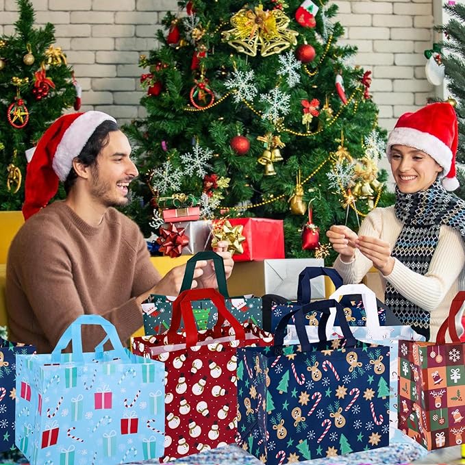 18pcs Christmas Gift Bags, Christmas Tote Bags with Handles, Reusable Shopping Bags, Santa Claus Print for Christmas Parties Gifts Wrapping Holiday Party Supplies (Multicolor Modern)