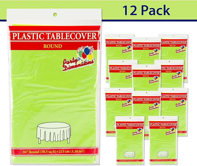 Party Dimensions Lime Green Disposable Plastic Tablecloth for Round Tables (12 Pack) 84 inches Table Cloths for Parties, Events & Weddings, Indoors & Outdoors, Plastic Table Cover