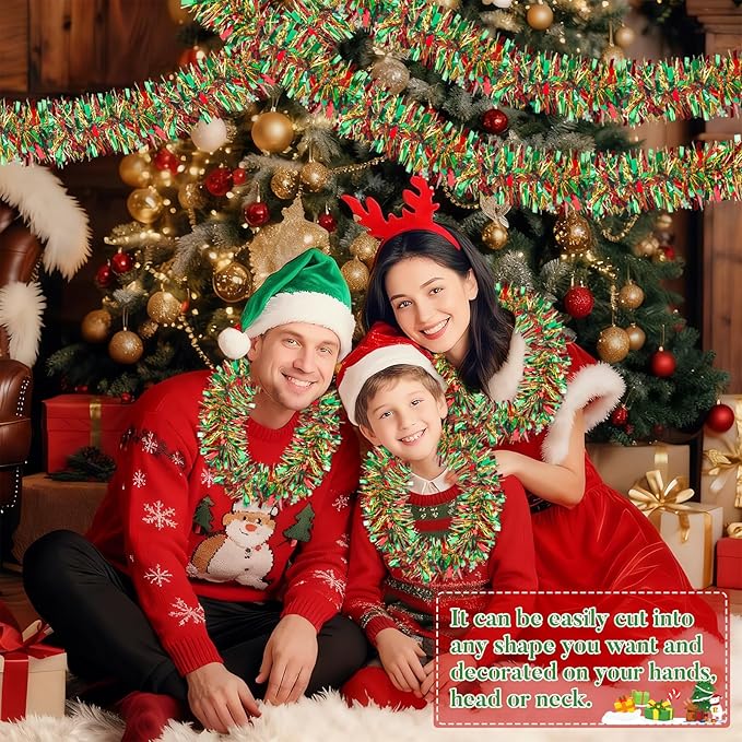 50Ft Christmas Red Green and Gold Tinsel Garland Metallic Twist Shiny Garland for Xmas Christmas Tree Ceiling Hanging Decorations Holiday Wedding Home Party Supplies Indoor Outdoor Decor