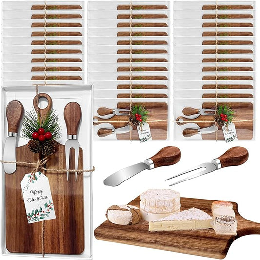 36 Pcs Christmas Gifts Bridal Shower Favor Acacia Wooden Square Cheese Board Gift Set With Knives, Mini Cutting Board Bulk Set, Tags and Boxes for Party Birthday