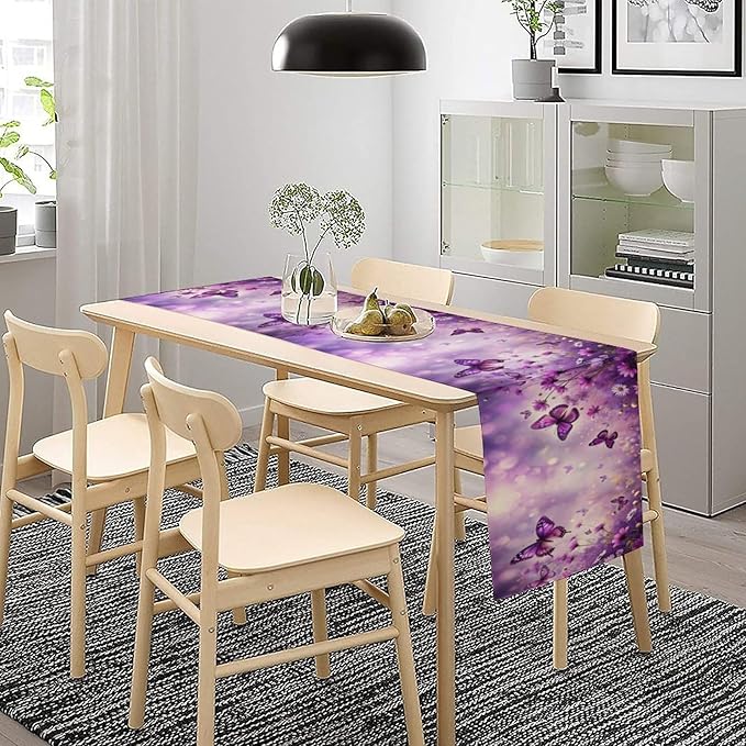 Flowers Butterfly Spring Table Runner, Purple Floral Seasonal Kitchen Dining Table Decoration for Home Party Decor 13x90 Inch