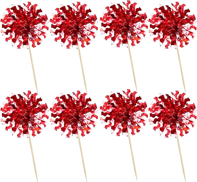 Ephlyn 30Pcs Foil Firework Cupcake Toppers Happy Birthday Cake Toppers Tinsel Flower Drink Stirrers Cocktail Food Fruit Toothpicks for Valentine's Day Party Decorations Red