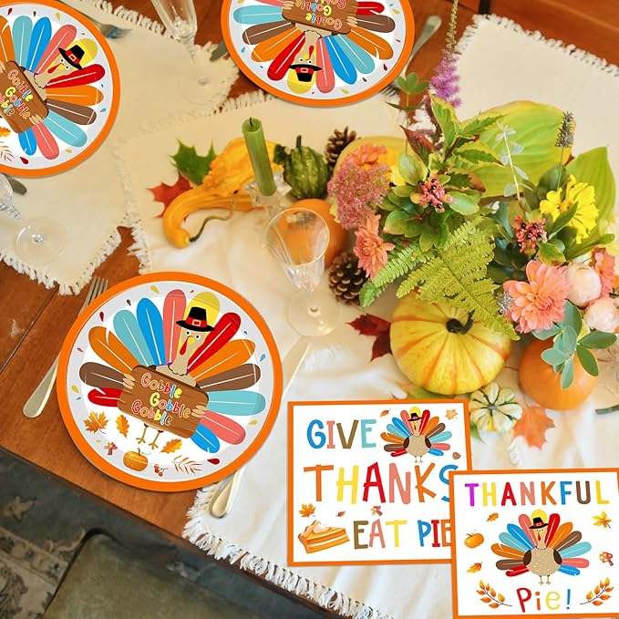 Turkey Thanksgiving Party Supplies Kit, Autumn Disposable Dinnerware Includes, Dessert Plates, Napkins for Fall party Decorations, Serve 20