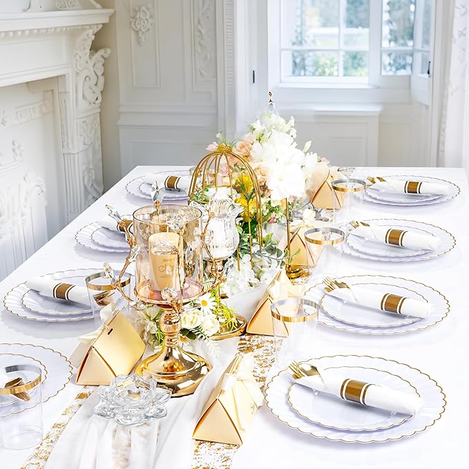 YOUBET 350PCS Gold Scalloped Plastic Plates - White and Gold Disposable Dinnerware Set Include 100 Plates, 150 Gold Silverware, 50 Cups, 50 Napkins for Wedding & Party & Thanksgiving