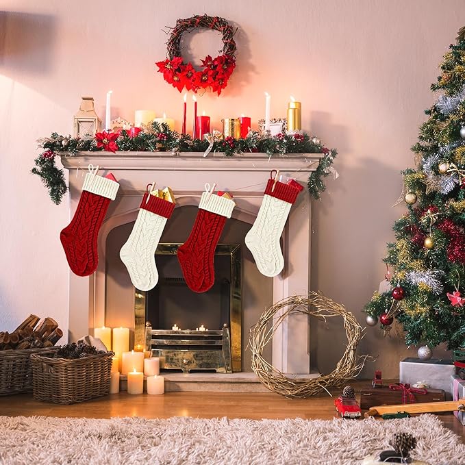 2 Pack 18" Personalized Christmas Stockings, 18inch Large Cable Knitted Xmas Hanging Stocking Decorations for Holiday Christmas Party Family Decor (Lvory/Burgundy)