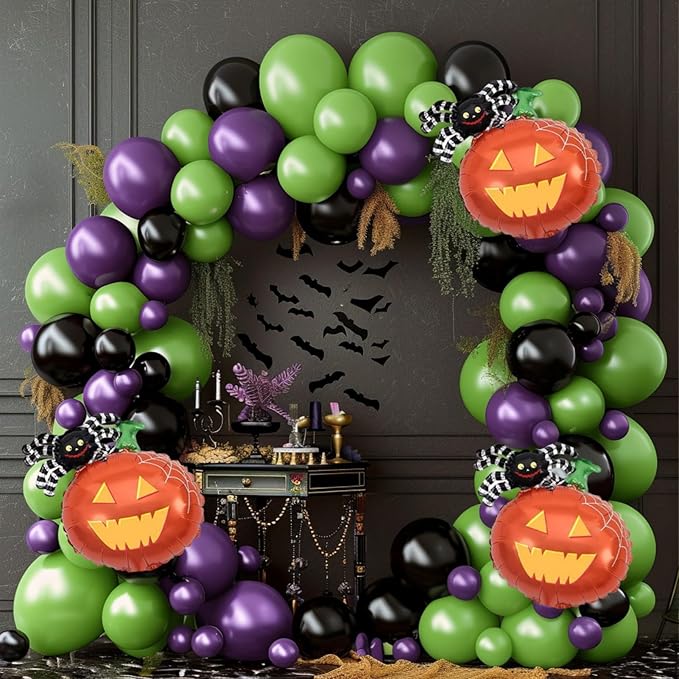 Halloween Balloon Garland Arch Kit, 160Pcs Green Purple Black Balloons with Soider Pumpkin Foil Balloons for Halloween Party Decorations