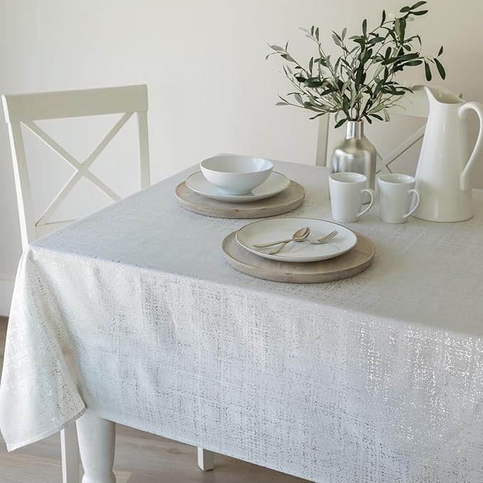 Benson Mills Gold Mine Foil Printed Fabric Table Cloth, Holiday, Winter, Thanksgiving, and Christmas Tablecloth (60" x 84" Rectangular, Gold Mine Ivory/Silver)