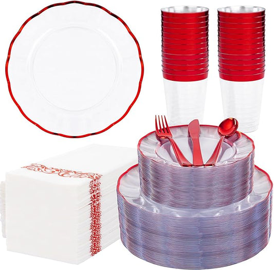 LIYH 350 Pcs Red Plastic Christmas Dinnerware Set for 50 Guests, Disposable Plastic Red Plates for Christmas Day Include: Dinner & Dessert Plates, Napkins, Cups, Silverware for Party Birthday