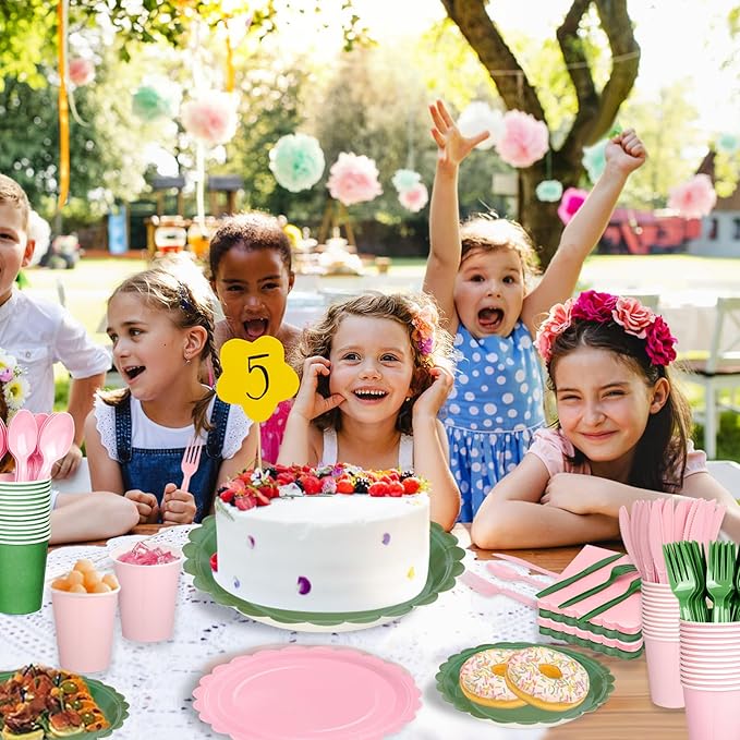 416 Pcs Pink And Green Party Supplies - For 52 Guests Paper Plates And Napkins Knives Spoons Forks Cups - Disposable Small Scalloped Dinner Party Set Cutlery - For Baby Shower Bridal Shower Wedding