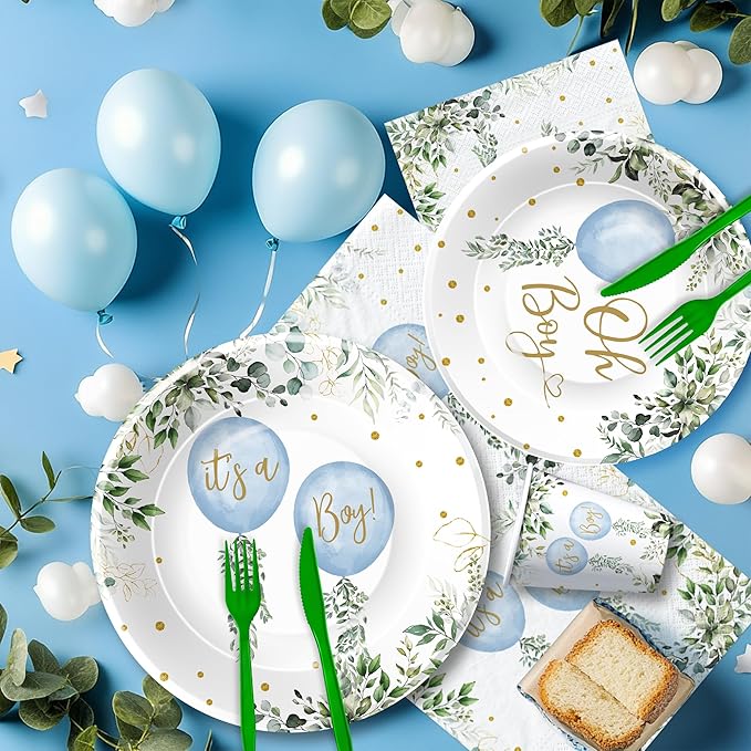 Balloon Baby Shower Decorations, Watercolor Blue Balloon Baby Boy Party Supplies, Plate, Napkin, Cup, Tablecloth, Cutlery, Banner, Greenery Oh Boy Baby Shower Table Decorations, Serves 24