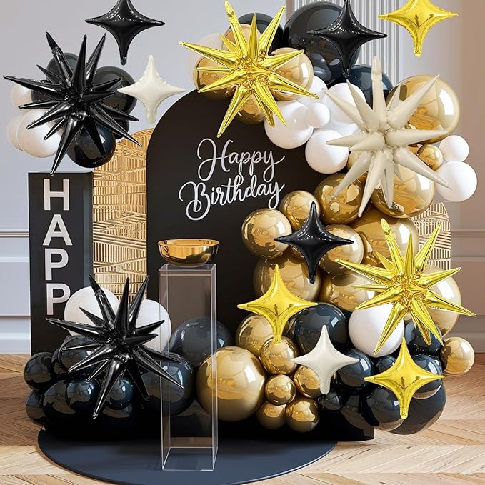 Black White Gold Star Balloon,Sand White Gold 6Pcs 22Inch Explosion Star Balloons and 10Pcs 10Inch Four Angle Balloons Kit for Birthday Anniversary Baby Shower Wedding Party Decorations