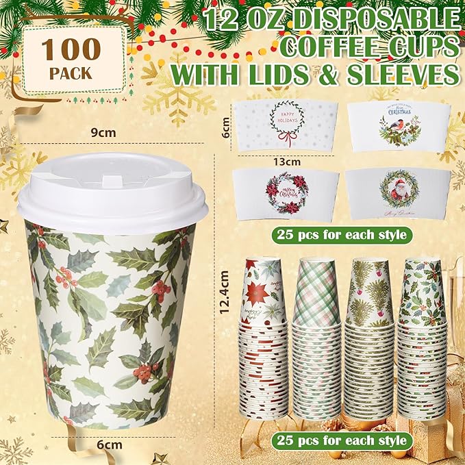Yungyan 100 Pack 12 oz Christmas Disposable Coffee Cups with Lids and Sleeves Insulated Paper Coffee Cups with Dome Lids and Sleeves for Christmas Hot Chocolate Party Supplies(Greenery)