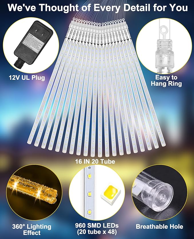 Christmas Lights Outdoor,16 Inch 20 Tubes Meteor Shower Light Falling Rain Drop String Lighting Icicle Snow Cascading Xmas String Decor for Tree Wedding Party Garden Holiday Decoration,Warm White