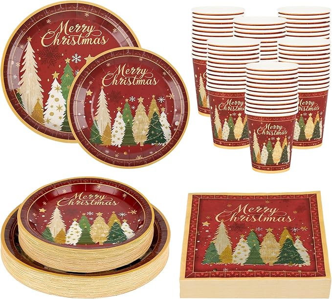 200Pcs Christmas Paper Plates Napkins and Cups Set, Xmas Disposable Party Dinnerware with Merry Tree Design, Holiday Tableware Supplies,Serves 50