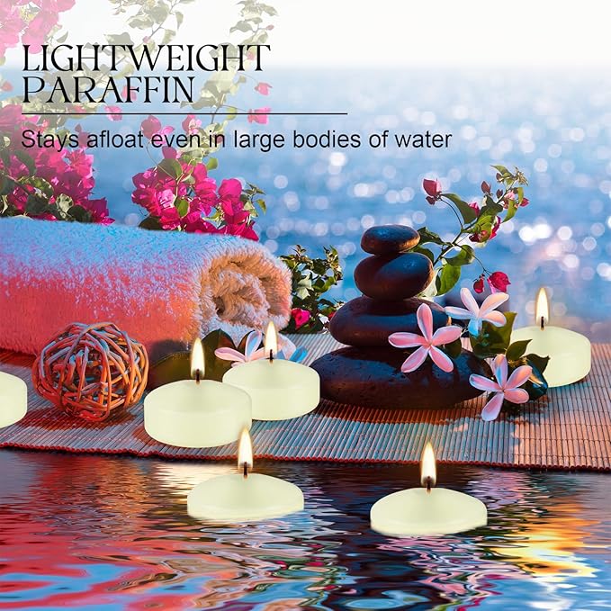 12 Pcs 2 - inch Floating Candles, Ivory, Smokeless and Unscented, Burns Continuously for 5-6 Hours, Be Good for Holidays, Weddings, Vacations, and Home Décor.