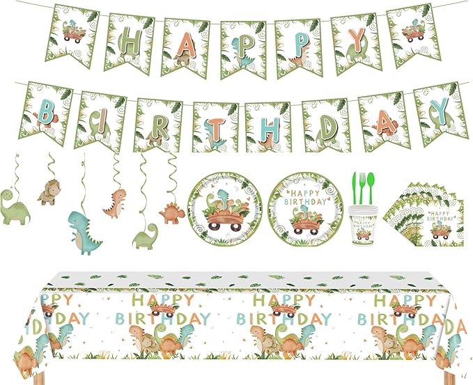 Dinosaur Birthday Party Supplies Kit – 88 PCS Dino Party Decorations for 16 Guests, Includes Plates, Cups, Napkins, Banner, Cutlery, Tablecloth, Hanging Swirls – Jurassic Dino Theme for Boys & Girls
