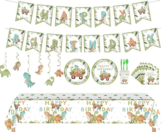 Dinosaur Birthday Party Supplies Kit – 88 PCS Dino Party Decorations for 16 Guests, Includes Plates, Cups, Napkins, Banner, Cutlery, Tablecloth, Hanging Swirls – Jurassic Dino Theme for Boys & Girls