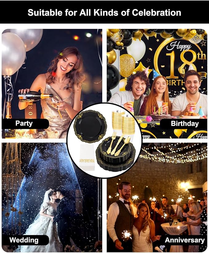 Ciaell 175 PCS Black and Gold Plastic Plates - Black Disposable Dinnerware Set with 50 Plates, 25 Knives, 25 Forks, 25 Spoons, 25 Cups, 25 Napkins for New Year’s Day, Parties and Weddings