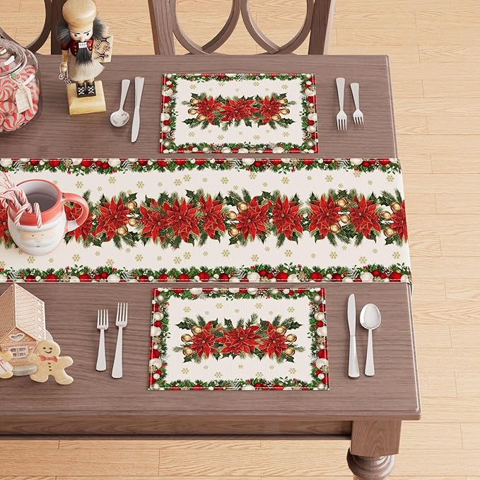 XCHI Christmas Poinsettias Leaves Bells Snowflakes Winter Xmas Placemats Set of 4 Table Mats for Party Home Kitchen Dining Table Decorations 12x18 Inch