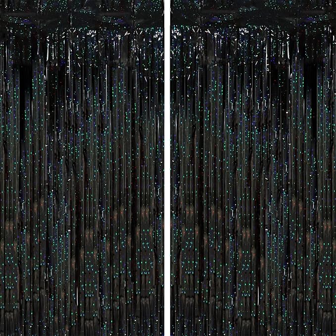 2 Pack Laser Black Tinsel Foil Fringe Curtains, Black Party Decorations, Metallic Tinsel Party Streamers Backdrop for Birthday Halloween Masquerade New Years Gatsby 1920s Party Decorations