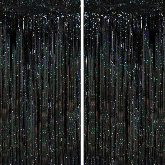 2 Pack Laser Black Tinsel Foil Fringe Curtains, Black Party Decorations, Metallic Tinsel Party Streamers Backdrop for Birthday Halloween Masquerade New Years Gatsby 1920s Party Decorations