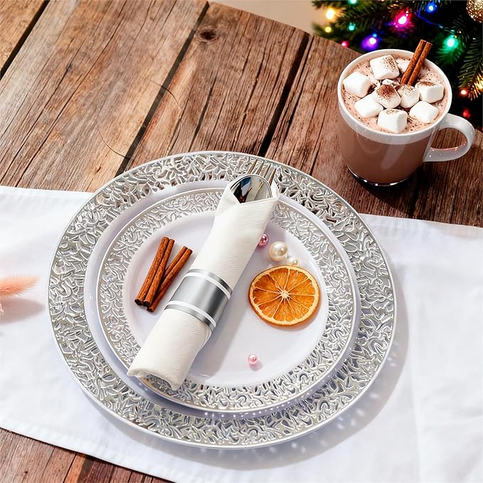 WELLIFE 350 Pieces Silver Disposable Plastic Dinnerware, Includes:50 Dinner Plates, 50 Dessert Plates, 50 Cups, 50 Pre Rolled Napkins with Silver Cutlery