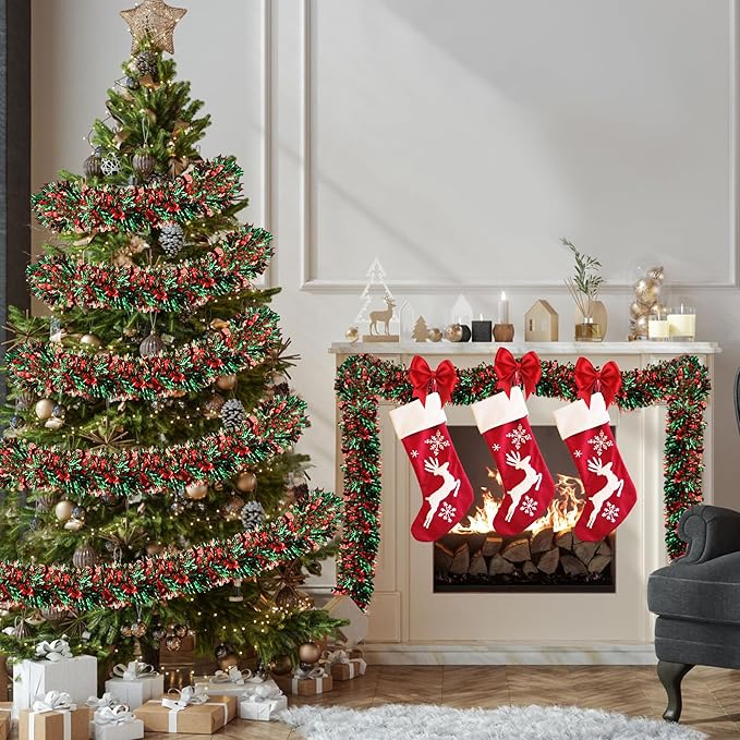 50 Ft Red & Green Christmas Tinsel Garland Metallic Twist Shiny Hanging Garland for Christmas Tree Decorations Xmas Holiday Decor for Home Indoor Outdoor Party Supplies (Red & Green)