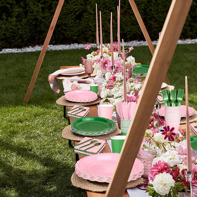 416 Pcs Pink And Green Party Supplies - For 52 Guests Paper Plates And Napkins Knives Spoons Forks Cups - Disposable Small Scalloped Dinner Party Set Cutlery - For Baby Shower Bridal Shower Wedding