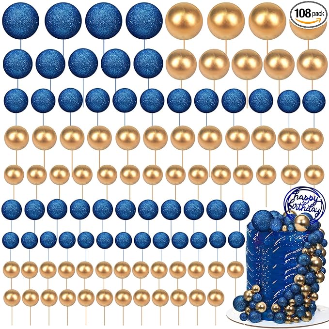 108 Pcs Balls Cake Topper DIY Cupcake Insert Foam Balloons for Cake Baking Wedding Anniversary Birthday Decoration(Bright Blue, Gold,Multi Sizes)
