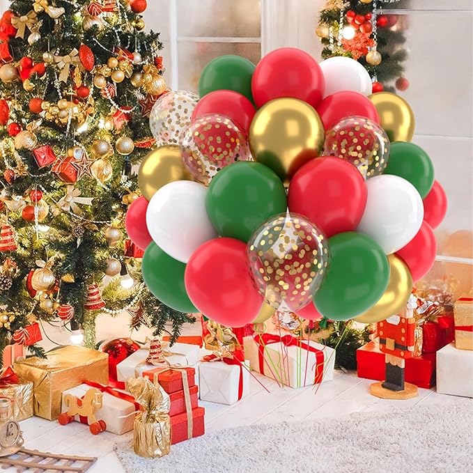 Patimate Red and Green Christmas Balloons Set, 50 pcs 12 inch Metallic Gold Green Red White Confetti Latex Balloons Kit for Christmas Grinch Birthday Party Decorations