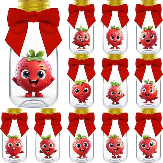 12 Pack Strawberry Party Favors - DIY Candy Jars with Ribbons and Sticker - Party Decoration Bottles for Berry First Birthday, School Classroom, and Baby Shower - Kids Table Centerpiece Gifts