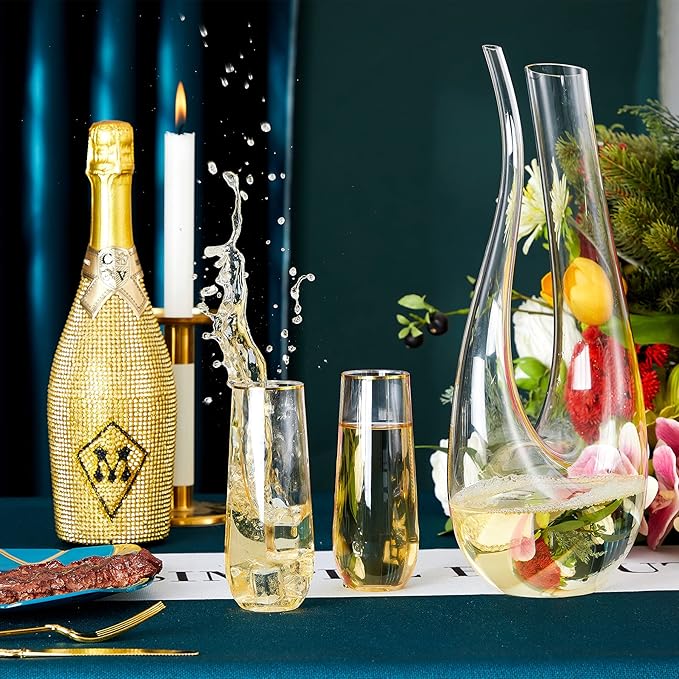 N9R 36PCS Plastic Champagne Flutes, 9 Oz Stemless Disposable Gold Rim Toasting Glasses, Crystal Clear Cocktail Cups Drinkware Shatterproof Ideal for Party Wedding Birthday