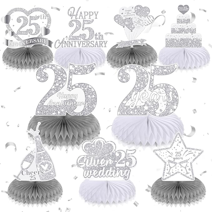 9Pcs 25th Wedding Anniversary Decorations 25th Silver Wedding Anniversary Honeycomb Centerpiece Silver Wedding Anniversary Table Toppers Honeycomb Decorations