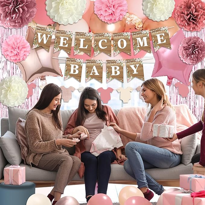Dusty Pink Baby Shower Decoration, Girl Baby Shower Decor Set with Welcome Baby Banner,Tissue Pom Poms,Sweet Baby-girl Cake Topper,Retro Blush Rosegold Balloon,Boho Baby Gril Shower Party Supplies