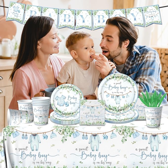 Greenery Baby Shower Tableware Set, Watercolor Blue Boy Plates, Napkins, Cups, Tablecloth for Boy Baby Shower Gender Reveal Supplies