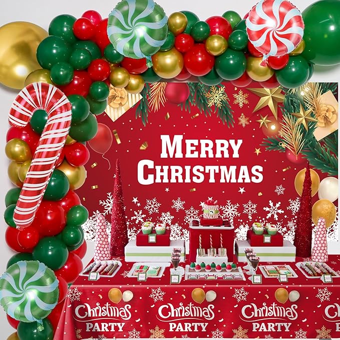 2025 Christmas Party Decorations-Balloon Arch Garland Kit with Green Red Candy Cane Balloons, Merry Christmas Backdrop Banner Tablecloths for XMAS Decorations Supplies