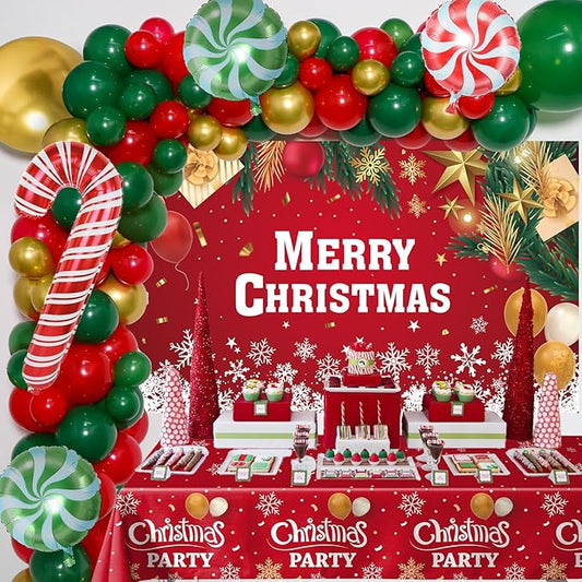 2025 Christmas Party Decorations-Balloon Arch Garland Kit with Green Red Candy Cane Balloons, Merry Christmas Backdrop Banner Tablecloths for XMAS Decorations Supplies