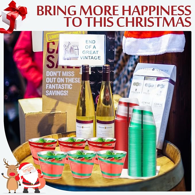 Gejoy 9 oz Rimmed Swirl Plastic Cups Disposable Wine Drinking Cups Clear Elegant Halloween Tumblers for Christmas Party Supplies(Red,Green,200 Pcs)