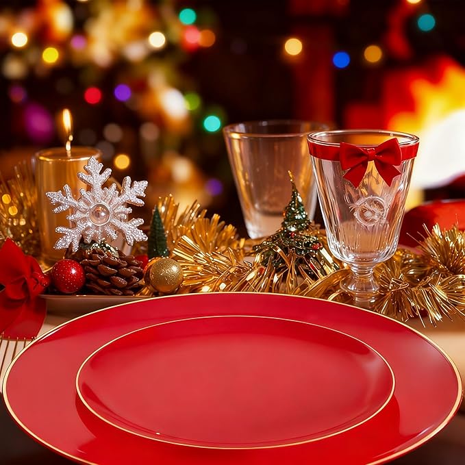 WDF 300Pcs Red Disposable Plates - Christmas Plates - 50guest Disposable Dinnerware Include 50 Dinner Plate, 50 Dessert Plate, 150 Cutlery & 50 9oz Cups for Christmas & Parties