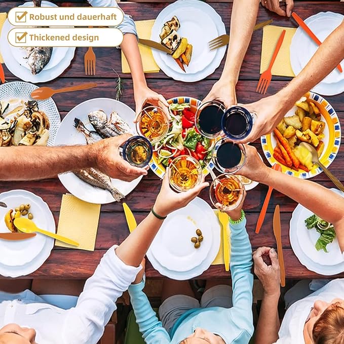 Plastic Silverware Heavy Duty Plastic Cutlery Set Heavyweight Disposable Flatware Includes Spoons Forks Knifes for Birthday Party Prom Night Wedding Dinner (180, Yellow Orange Brown)