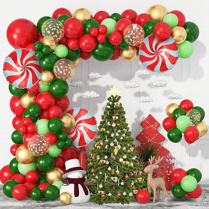 Patimate Red Green Christmas Balloons Set, 50 pcs 12 inch Metallic Gold Lime Forest Green Red Gold Confetti Latex Balloons Kit for Christmas Grinch Birthday Baby Shower Party Decorations