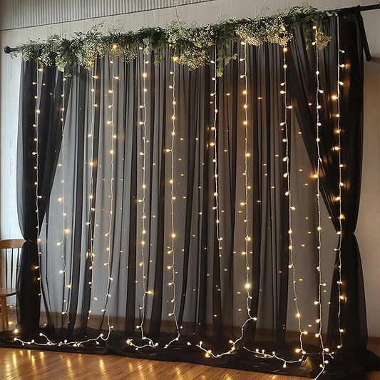 20ft x 10ft Black Backdrop Curtain with Lights String for Parties, Sheer Tulle Wedding Photo Backdrops Drapes for Baby Shower Birthday Party Decorations Background for Photography
