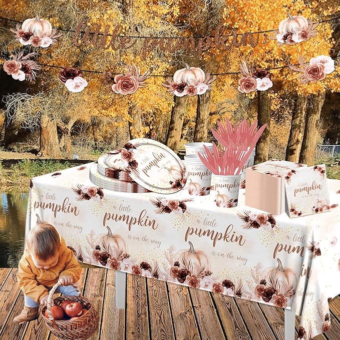 Little Pumpkin Baby Shower Decorations,142PCS Fall Baby Shower Tableware Decorations Include Disposable Little Pumpkin Plates Cups Napkins Tablecloth for Little Pumpkin is On The Way Baby Shower, Boy Girl Little Pumpkin 1st Birthday Party Supplies