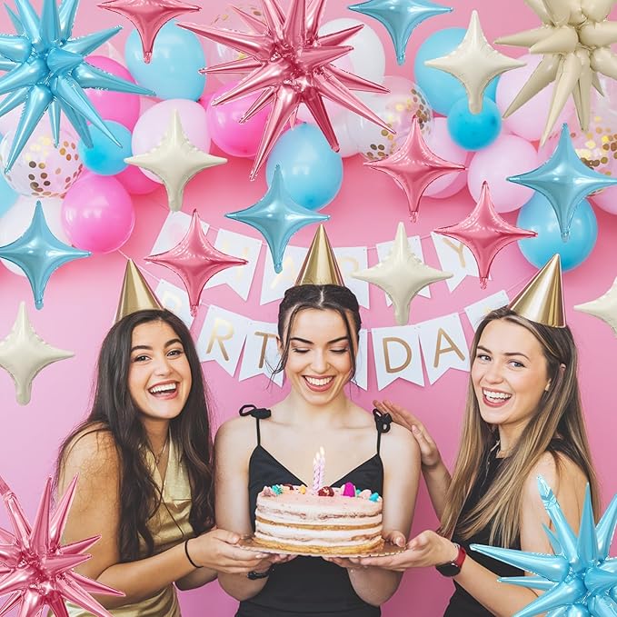 Pink Blue White Star Balloon,Pink Blue 6Pcs 22Inch Explosion Star Balloons and 10Pcs 10Inch Four Angle Balloons Kit for Birthday Anniversary Baby Shower Wedding Party Decorations