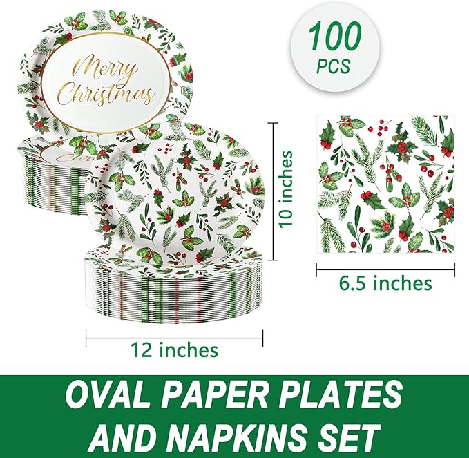 100Pcs Christmas Oval Paper Plates and Napkins Set -10" x 12" Large Disposable Party Plates for Christmas Party Dinner Tableware Decoration Supplies